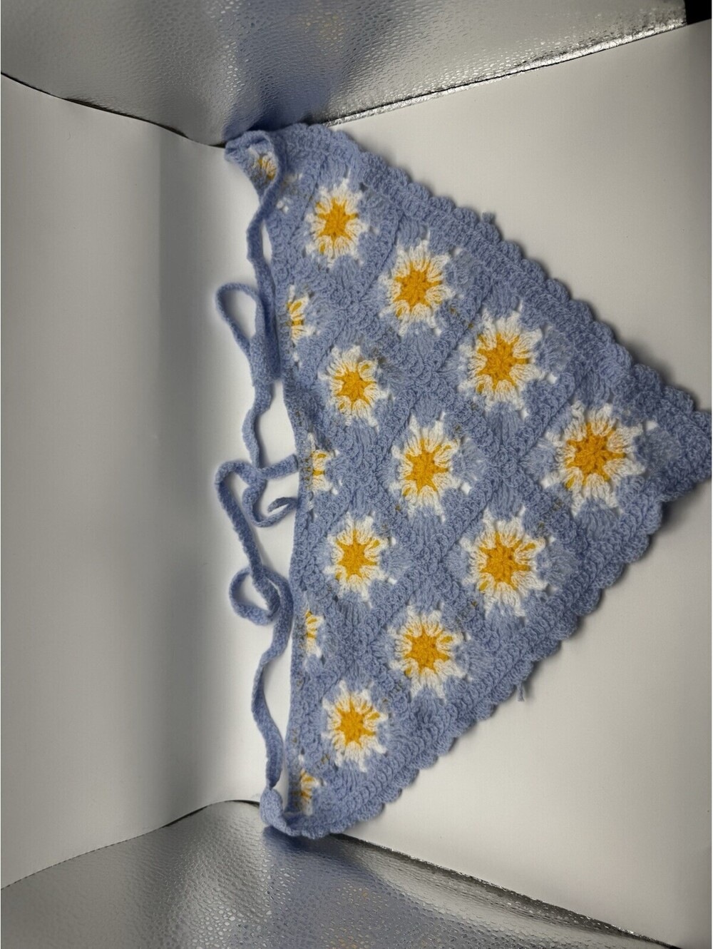Handmade Crochet Daisy Bandana Blue Floral Hair Scarf Head Kerchief Boho